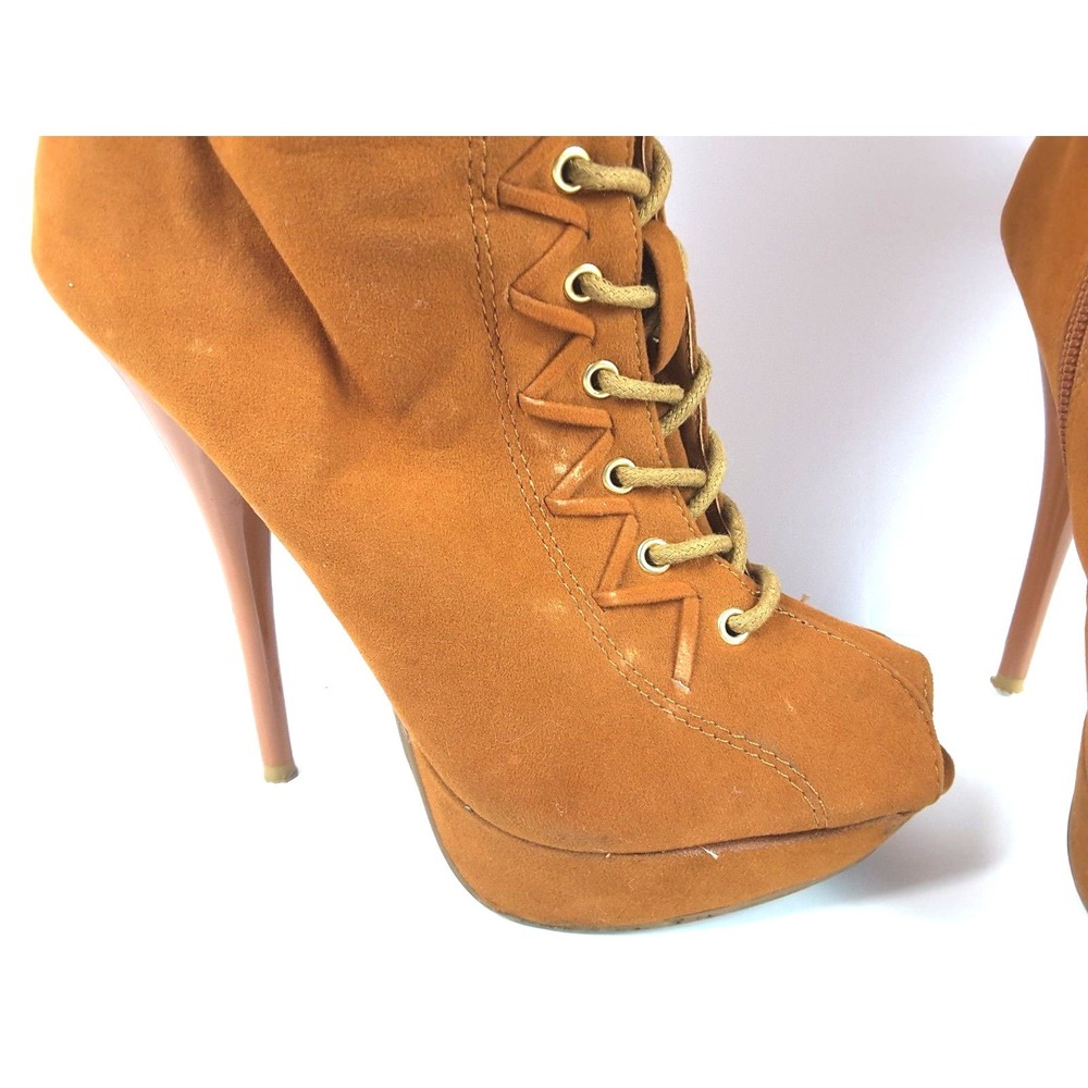 Shiekh Over The Knee Boots Women's Brown Peep Toe 5.5" High Heels Lace Up Sz‎ 7 - Picture 9 of 12